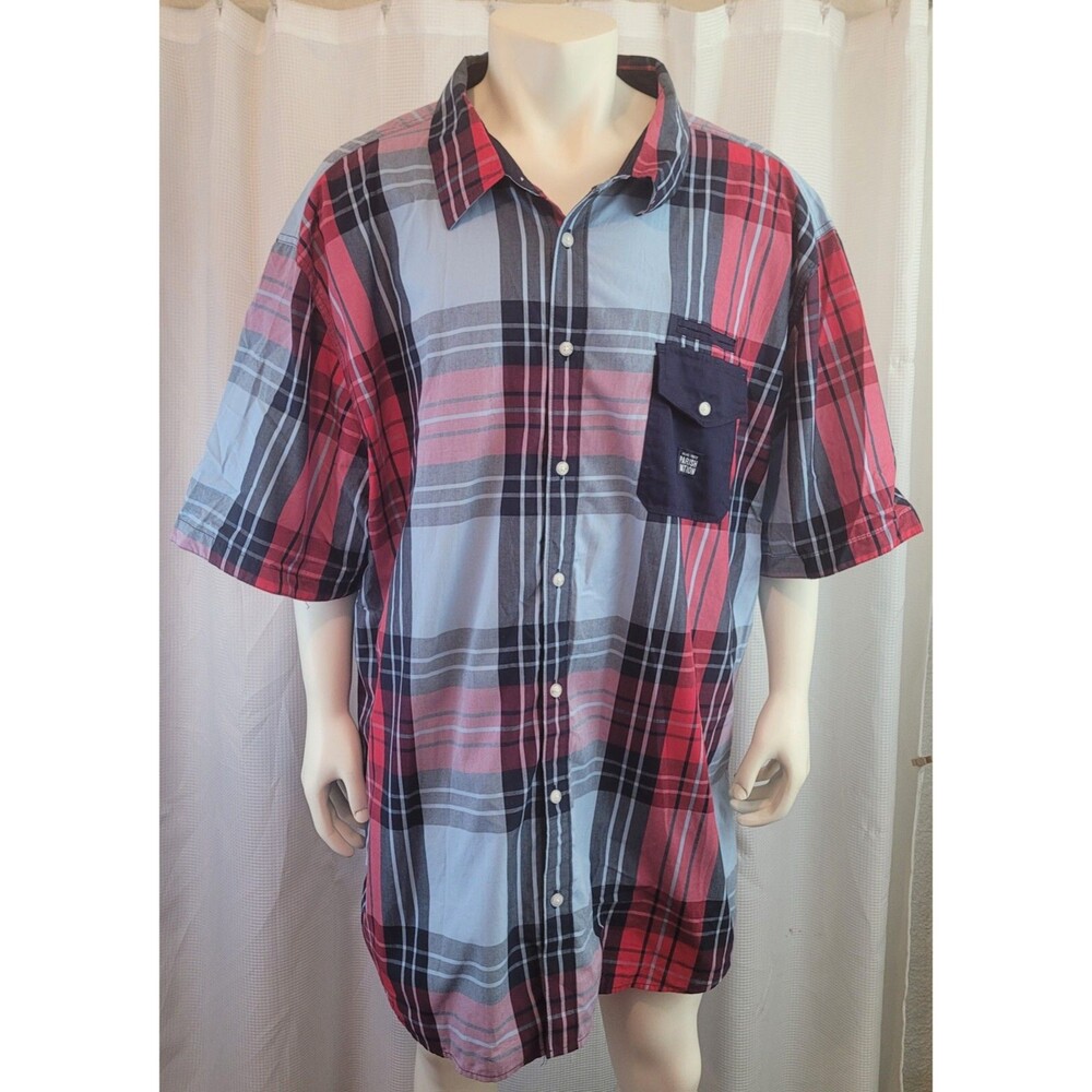 Parish Nation Mens 5XL Short Sleeve Button Down Shirt Plaid Red Black Gray Plaid